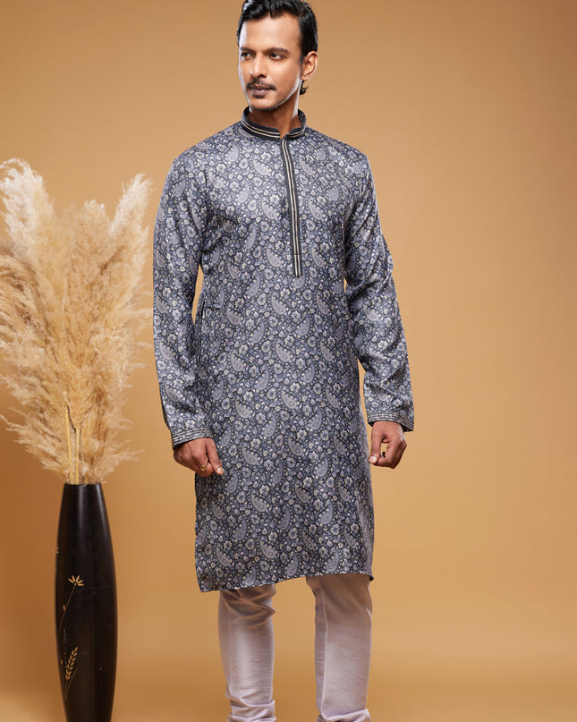 Navy Blue Art Silk Digital Printed Kurta Set