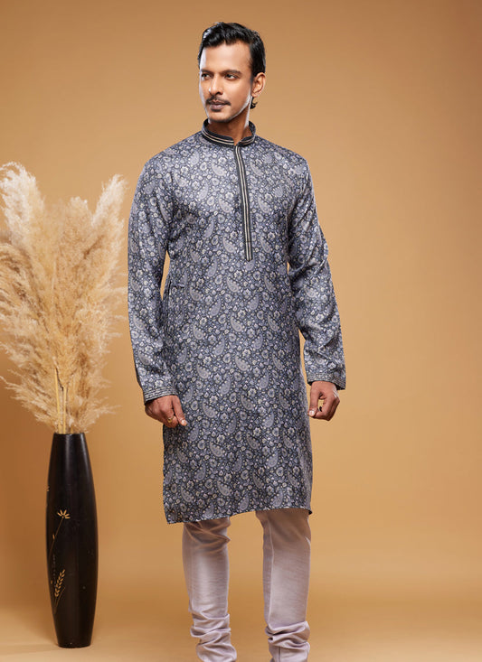 Navy Blue Art Silk Digital Printed Kurta Set