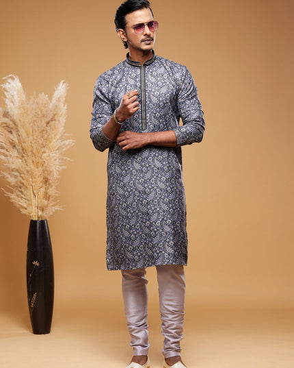 Navy Blue Art Silk Digital Printed Kurta Set