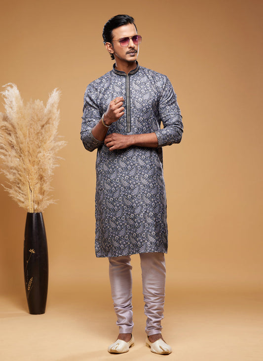 Navy Blue Art Silk Digital Printed Kurta Set