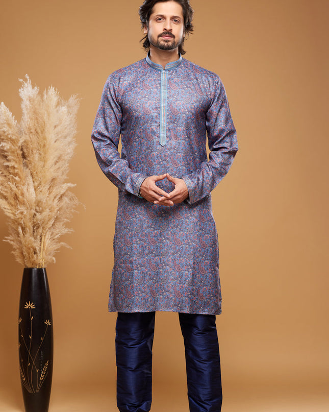 Navy Blue Art Silk Digital Printed Kurta Set