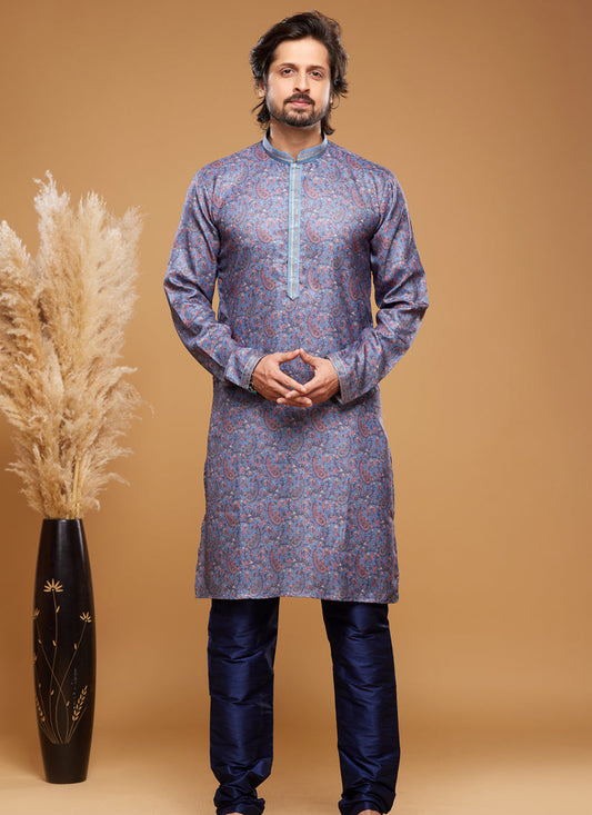 Navy Blue Art Silk Digital Printed Kurta Set