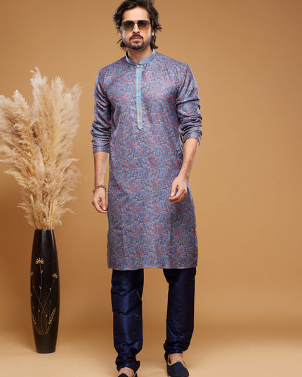 Navy Blue Art Silk Digital Printed Kurta Set