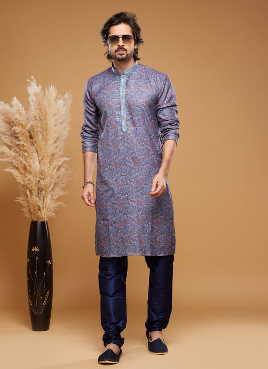 Navy Blue Art Silk Digital Printed Kurta Set