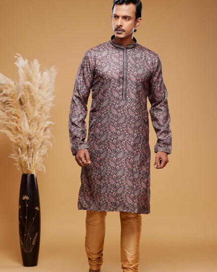 Brown Art Silk Digital Printed Kurta Set