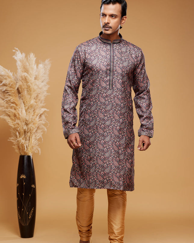 Brown Art Silk Digital Printed Kurta Set