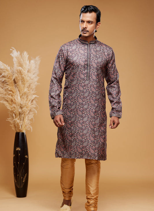 Brown Art Silk Digital Printed Kurta Set