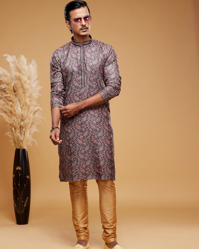 Brown Art Silk Digital Printed Kurta Set