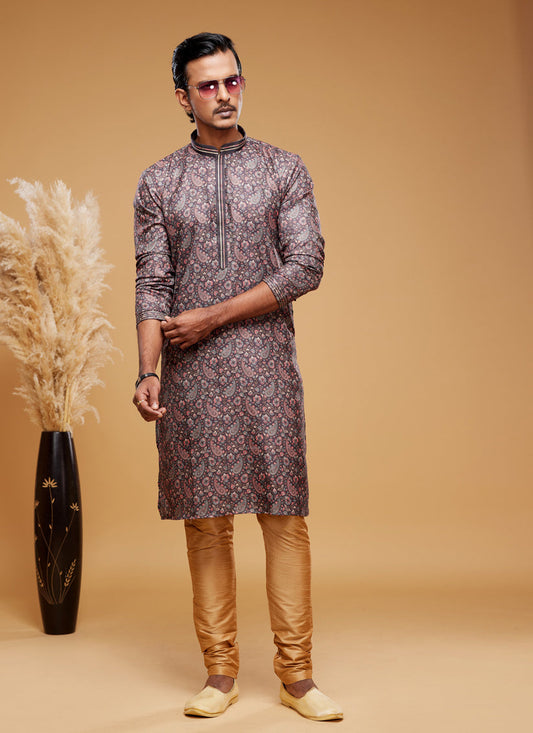 Brown Art Silk Digital Printed Kurta Set