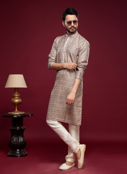 Light Brown Art Silk Digital Printed Kurta Set