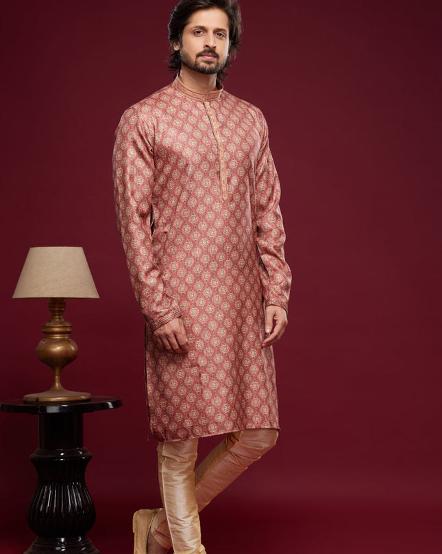 Carrot Red Art Silk Digital Printed Kurta Set