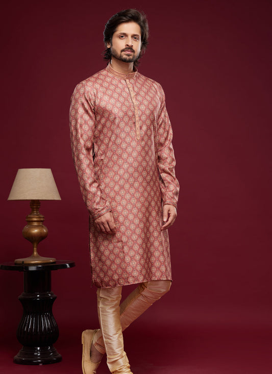 Carrot Red Art Silk Digital Printed Kurta Set