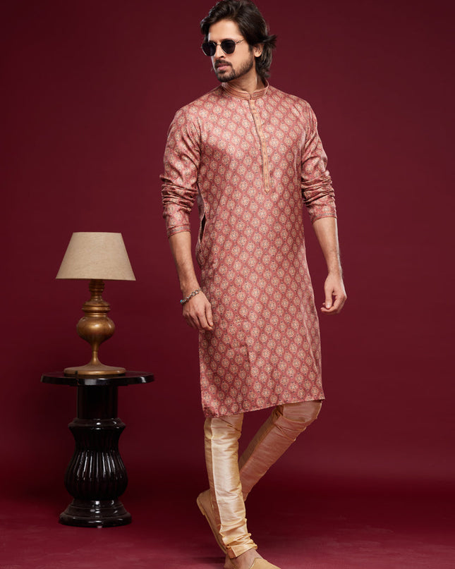 Carrot Red Art Silk Digital Printed Kurta Set