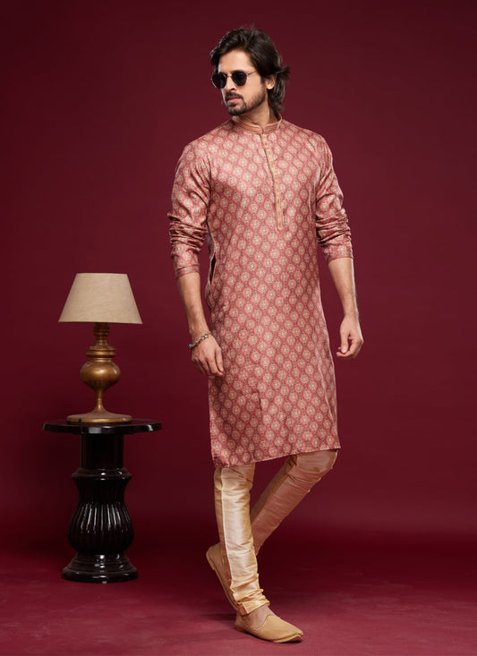 Carrot Red Art Silk Digital Printed Kurta Set