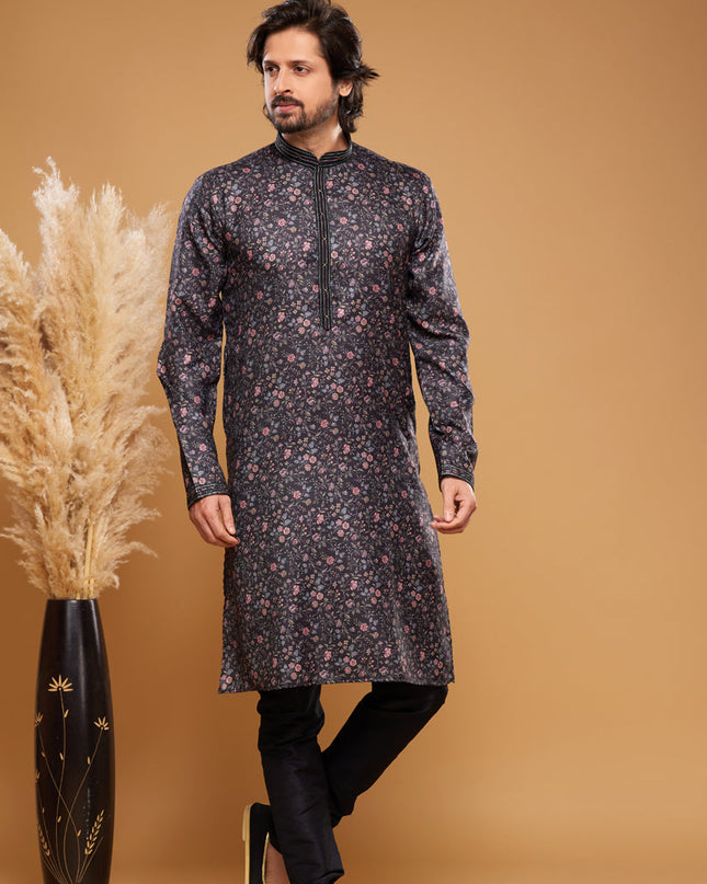 Black Art Silk Digital Printed Kurta Set