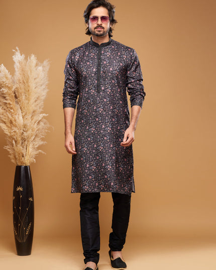 Black Art Silk Digital Printed Kurta Set
