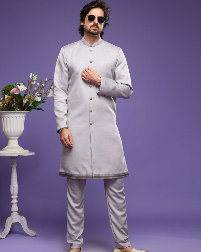 Grey Art Silk Mens Indo Western Suit