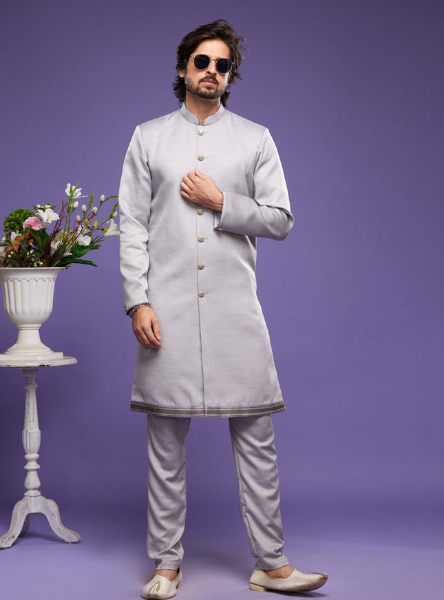 Grey Art Silk Mens Indo Western Suit