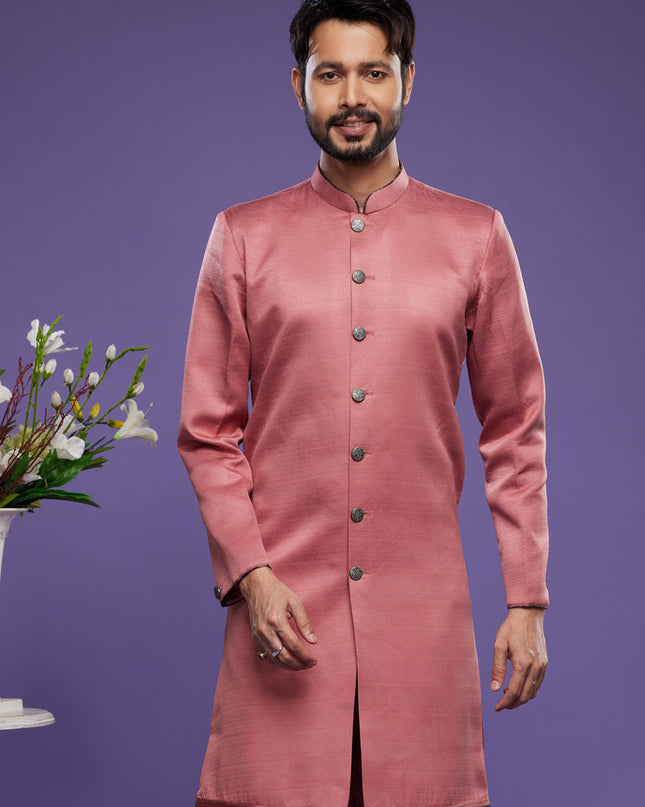 Peach Art Silk Mens Indo Western Suit