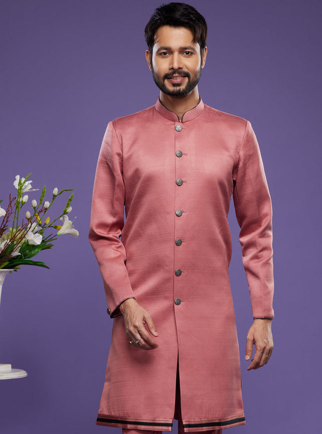 Peach Art Silk Mens Indo Western Suit