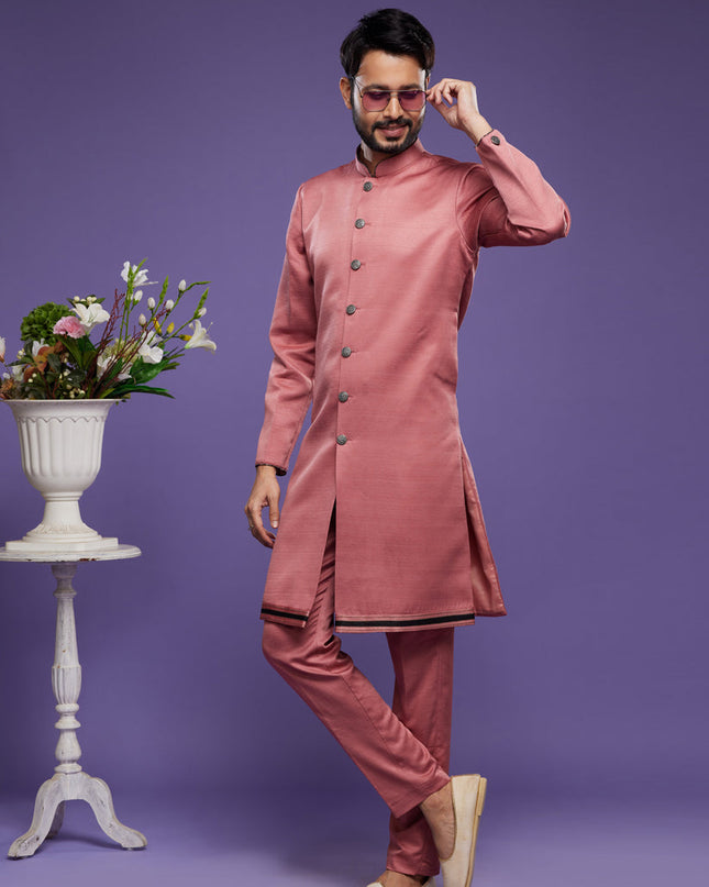 Peach Art Silk Mens Indo Western Suit