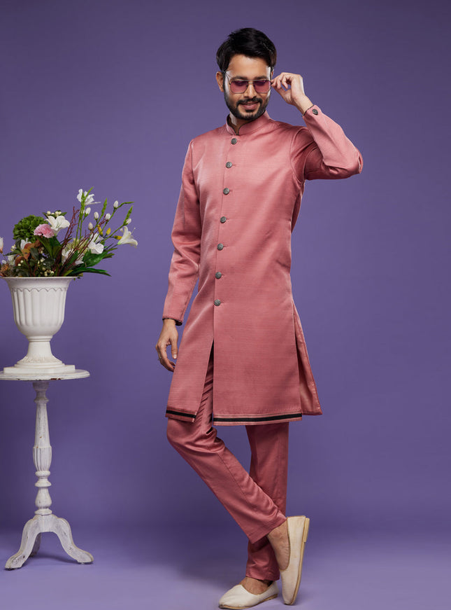 Peach Art Silk Mens Indo Western Suit