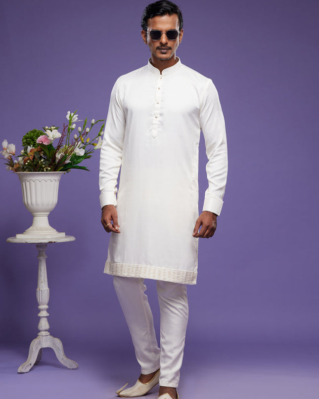 White Art Silk Mens Kurta Pajama Set
