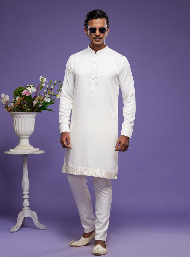 White Art Silk Mens Kurta Pajama Set