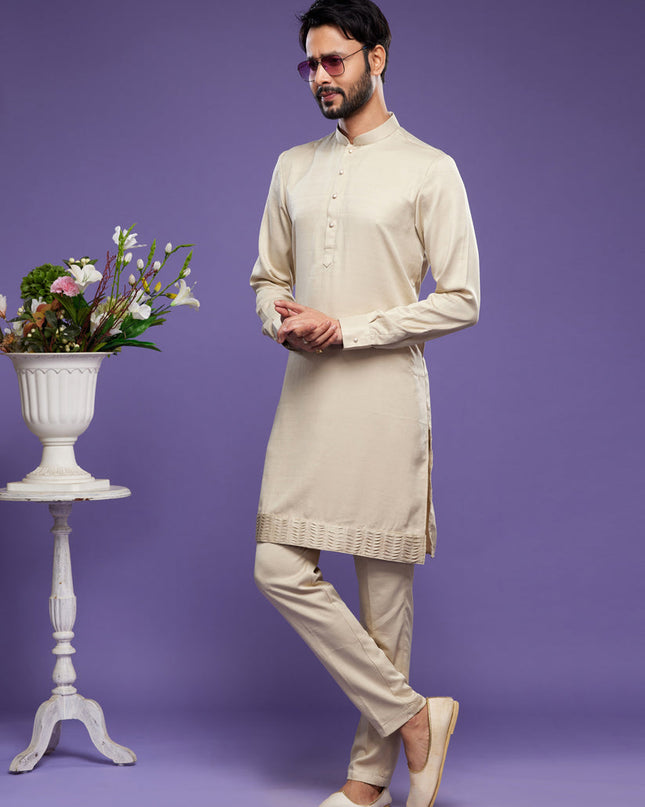 Beige Art Silk Mens Kurta Pajama Set