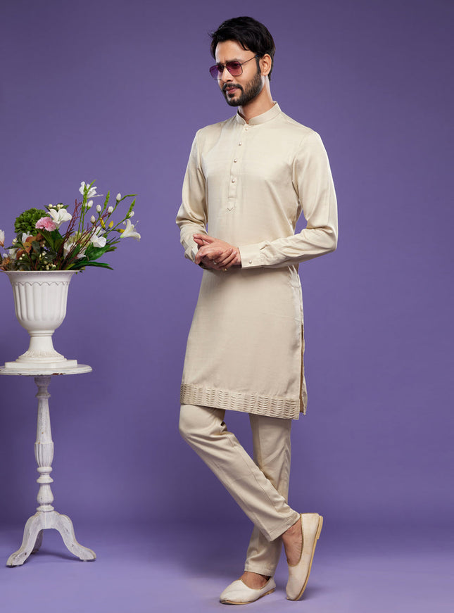 Beige Art Silk Mens Kurta Pajama Set