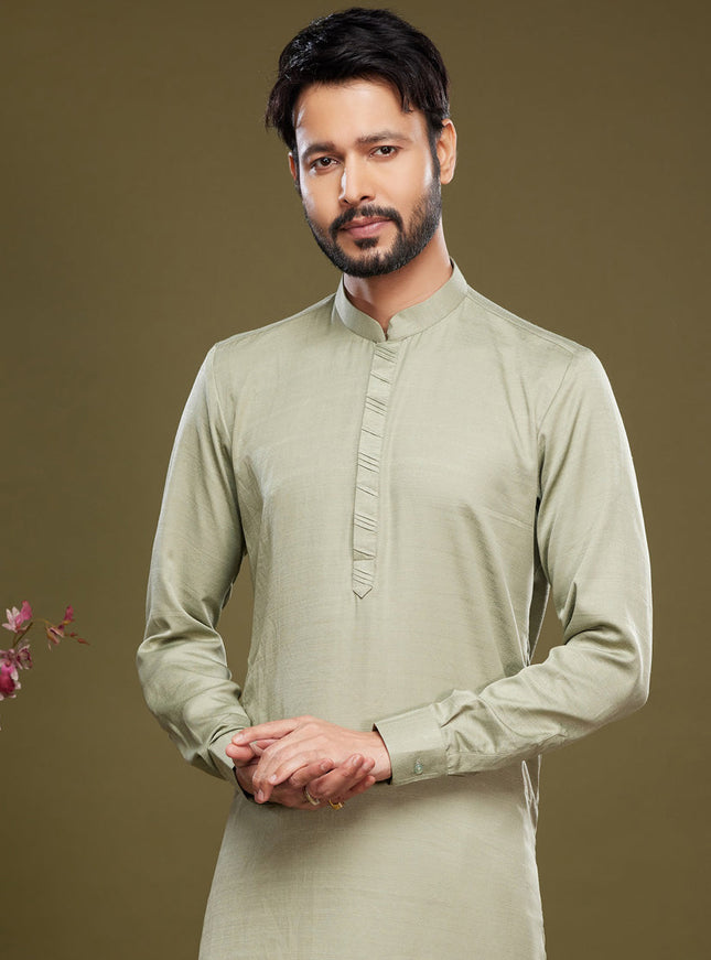 Pista Green Art Silk Mens Kurta Pajama Set