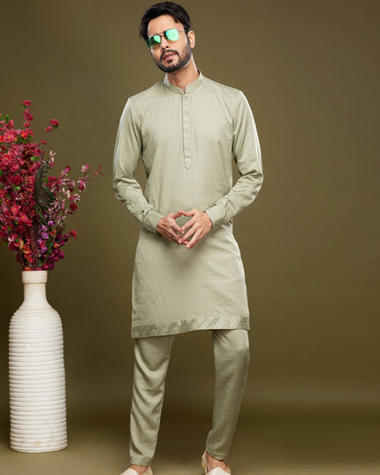Pista Green Art Silk Mens Kurta Pajama Set