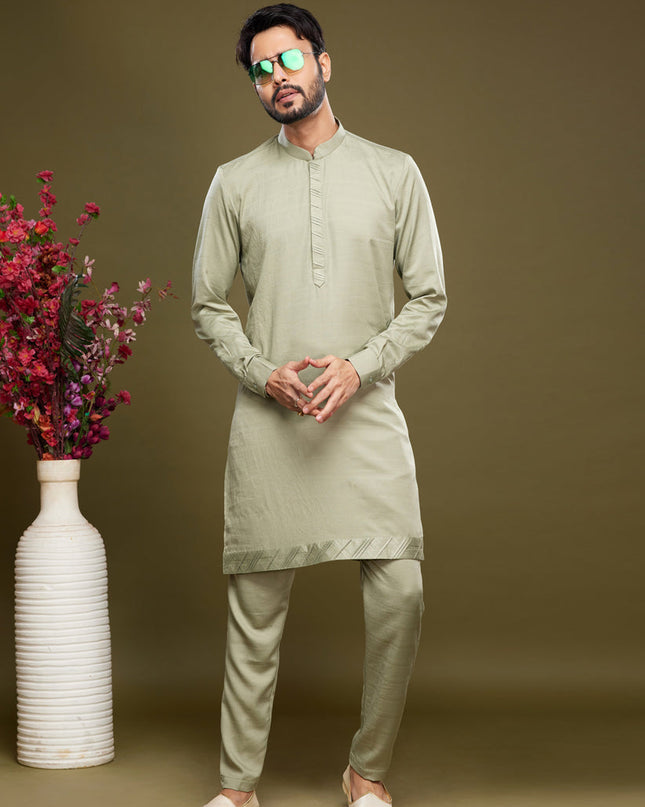 Pista Green Art Silk Mens Kurta Pajama Set