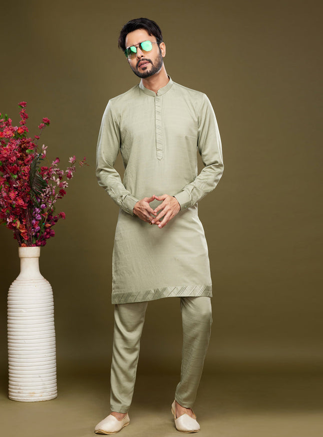 Pista Green Art Silk Mens Kurta Pajama Set