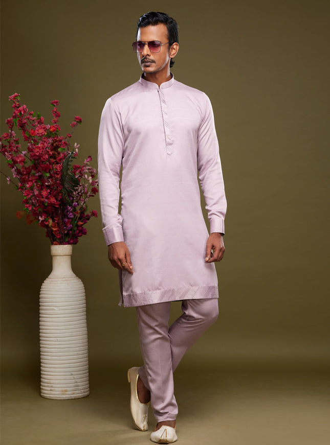 Light Pink Art Silk Mens Kurta Pajama Set