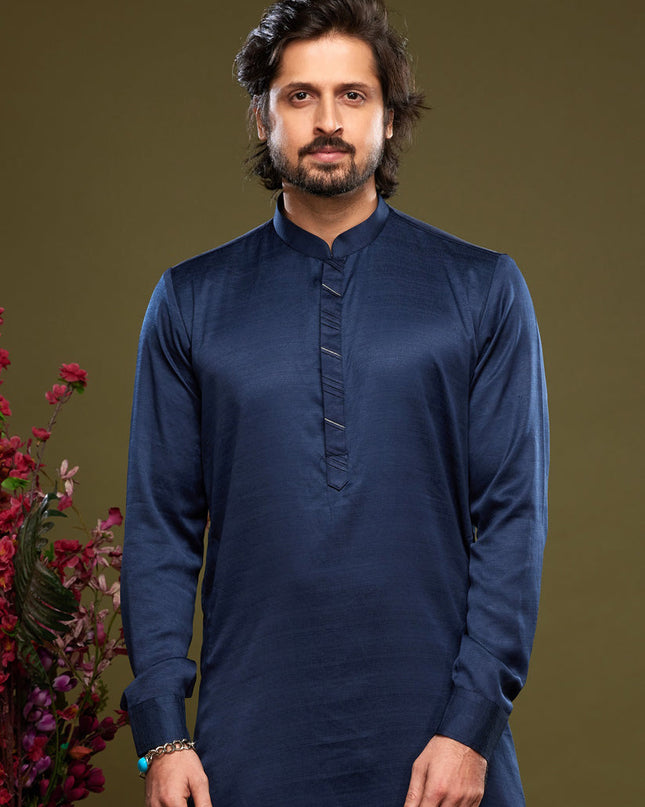 Navy Blue Art Silk Mens Kurta Pajama Set