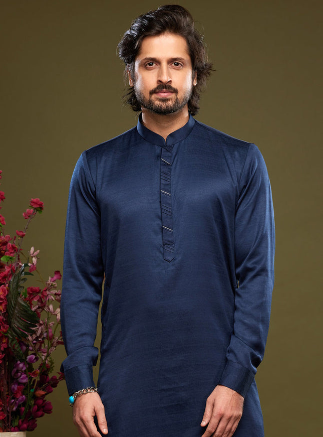 Navy Blue Art Silk Mens Kurta Pajama Set