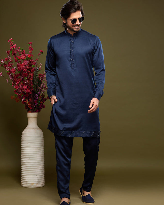 Navy Blue Art Silk Mens Kurta Pajama Set
