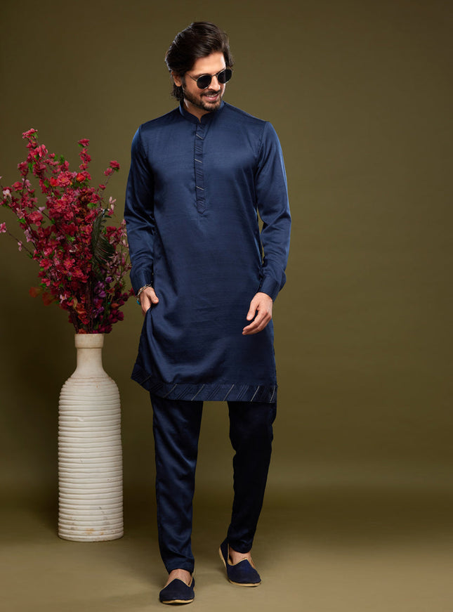 Navy Blue Art Silk Mens Kurta Pajama Set