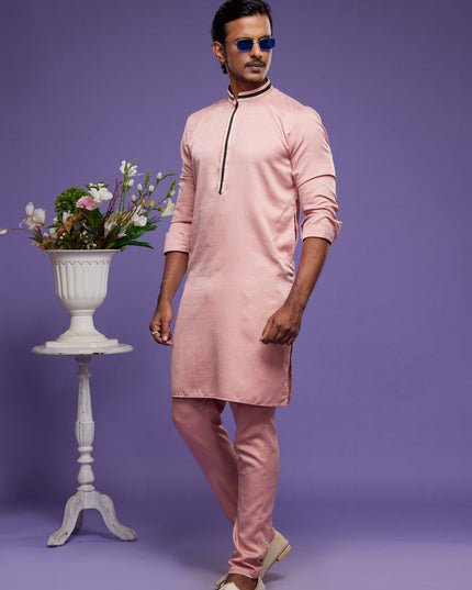 Peach Art Silk Mens Kurta Pajama Set