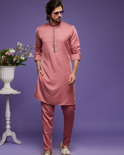 Peach Art Silk Mens Kurta Pajama Set