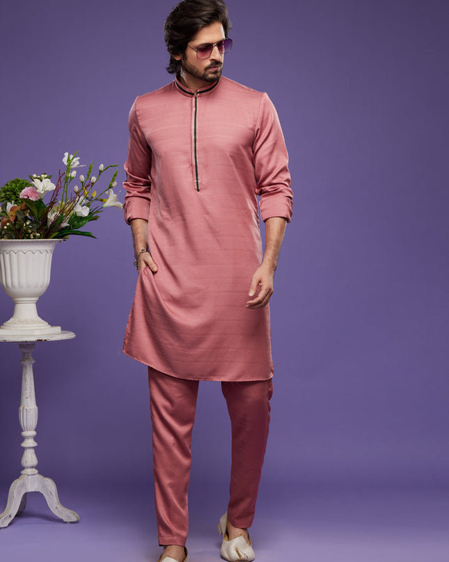 Peach Art Silk Mens Kurta Pajama Set