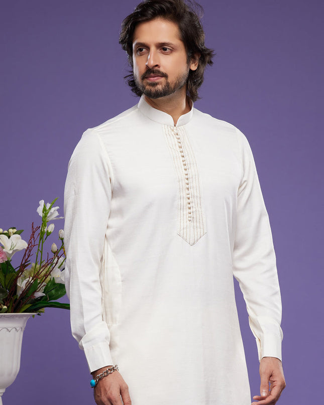 White Art Silk Mens Kurta Pajama Set