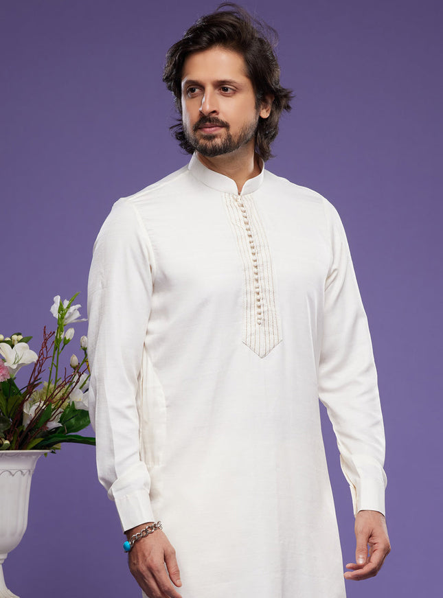 White Art Silk Mens Kurta Pajama Set