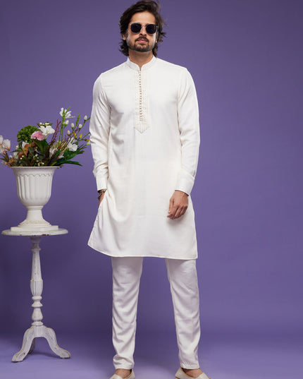 White Art Silk Mens Kurta Pajama Set