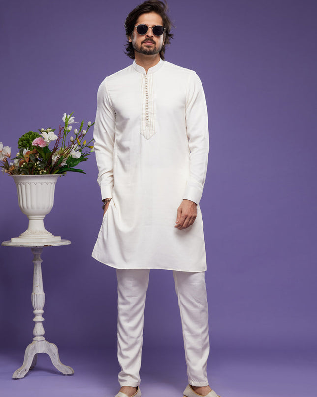 White Art Silk Mens Kurta Pajama Set