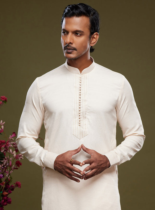 Off White Art Silk Mens Kurta Pajama Set