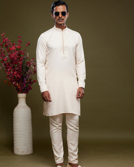 Off White Art Silk Mens Kurta Pajama Set