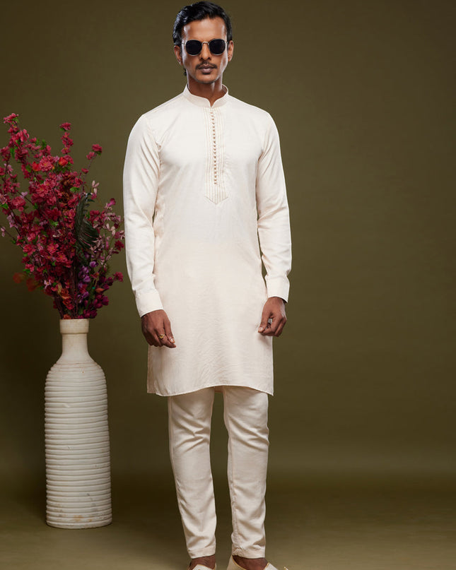 Off White Art Silk Mens Kurta Pajama Set