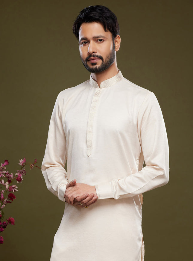 Off White Art Silk Mens Kurta Pajama Set